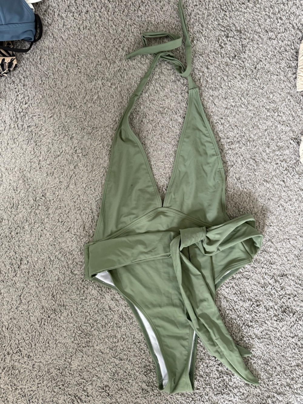 Sage Green One-Piece Halter Swimsuit with Waist Tie